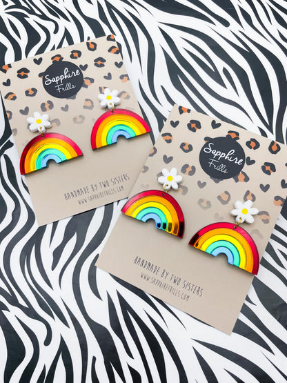 Bright Mirror Rainbow Arch and Daisy Acrylic Dangle Earrings – Hypoallergenic Stainless Steel
