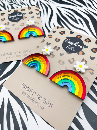 Bright Mirror Rainbow Arch and Daisy Acrylic Dangle Earrings – Hypoallergenic Stainless Steel