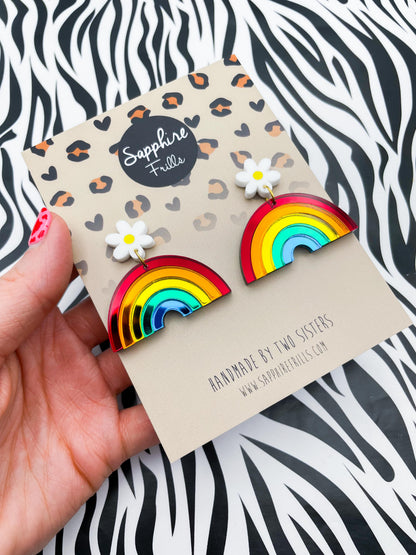 Bright Mirror Rainbow Arch and Daisy Acrylic Dangle Earrings – Hypoallergenic Stainless Steel