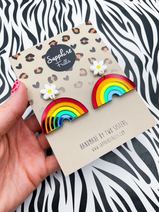 Bright Mirror Rainbow Arch and Daisy Acrylic Dangle Earrings – Hypoallergenic Stainless Steel