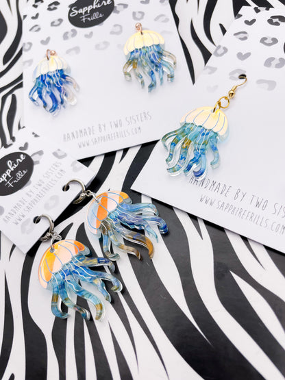 Iridescent Blue and Ocean Ink Marble Jellyfish Acrylic Dangle Earrings or Necklace – Hypoallergenic Stainless Steel