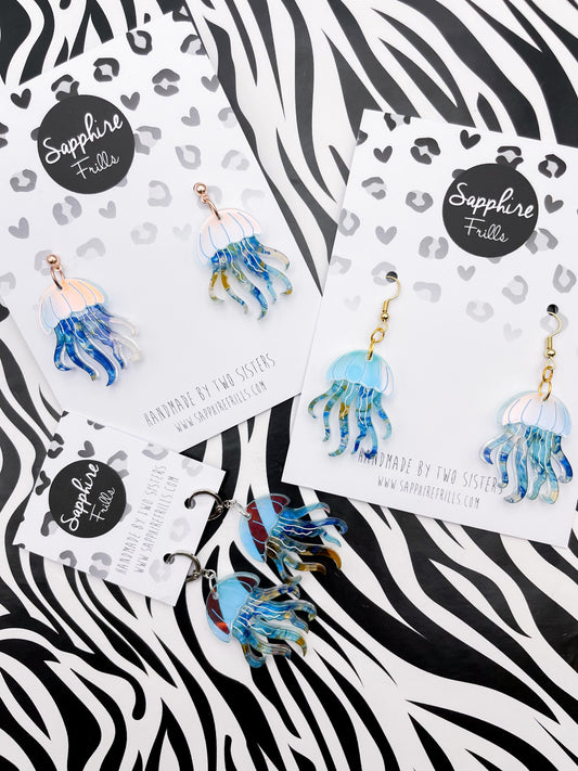 Iridescent Blue and Ocean Ink Marble Jellyfish Acrylic Dangle Earrings or Necklace – Hypoallergenic Stainless Steel