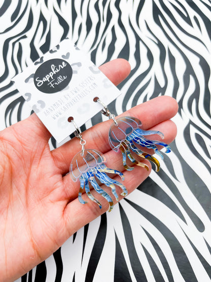 Iridescent Blue and Ocean Ink Marble Jellyfish Acrylic Dangle Earrings or Necklace – Hypoallergenic Stainless Steel