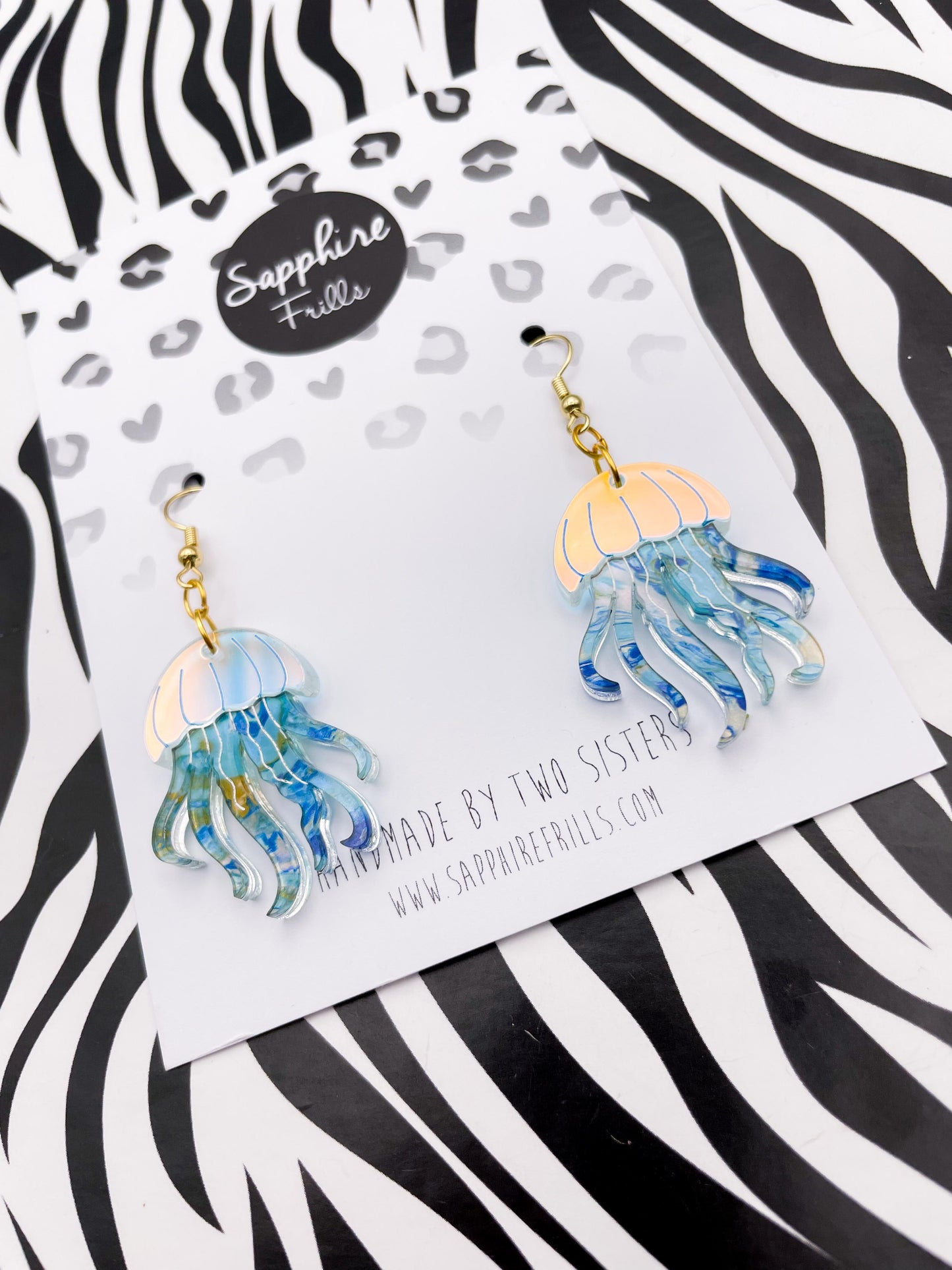 Iridescent Blue and Ocean Ink Marble Jellyfish Acrylic Dangle Earrings
