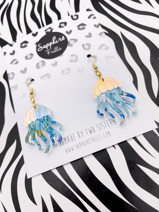Iridescent Blue and Ocean Ink Marble Jellyfish Acrylic Dangle Earrings or Necklace – Hypoallergenic Stainless Steel