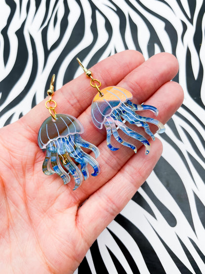 Iridescent Blue and Ocean Ink Marble Jellyfish Acrylic Dangle Earrings or Necklace – Hypoallergenic Stainless Steel