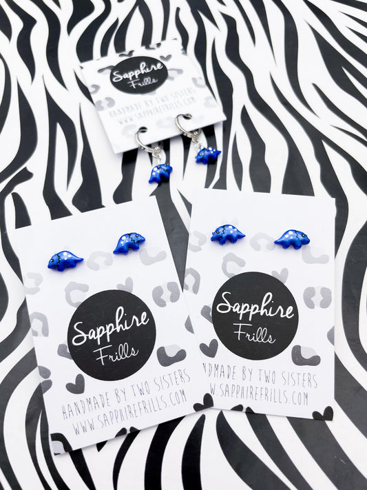 Mini Pearlescent Blue Triceratops Dinosaur Stud Earrings – Hypoallergenic Stainless Steel