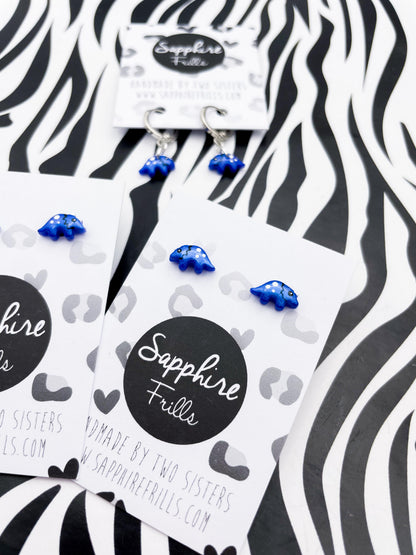 Mini Pearlescent Blue Triceratops Dinosaur Stud Earrings – Hypoallergenic Stainless Steel