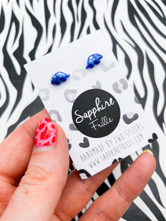 Mini Pearlescent Blue Triceratops Dinosaur Stud Earrings – Hypoallergenic Stainless Steel