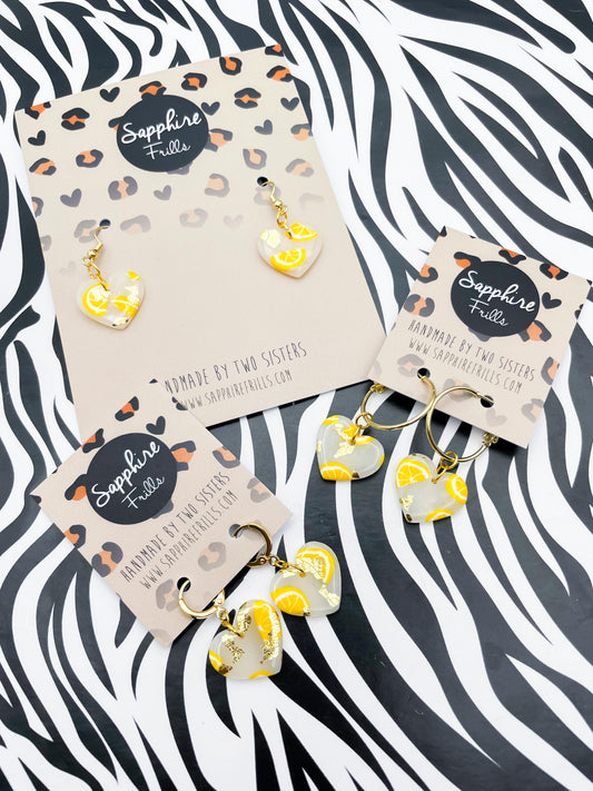 Medium Translucent Lemon Slice with Gold Foil Heart Earrings or Necklace – Hypoallergenic Stainless Steel