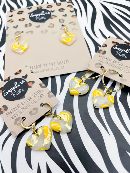Medium Translucent Lemon Slice with Gold Foil Heart Earrings or Necklace – Hypoallergenic Stainless Steel