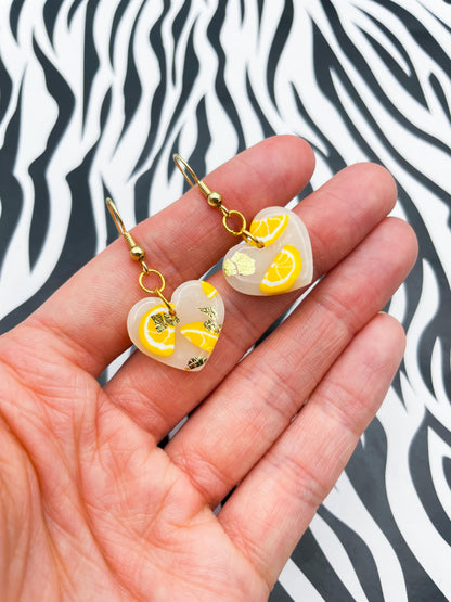 Medium Translucent Lemon Slice with Gold Foil Heart Earrings or Necklace – Hypoallergenic Stainless Steel