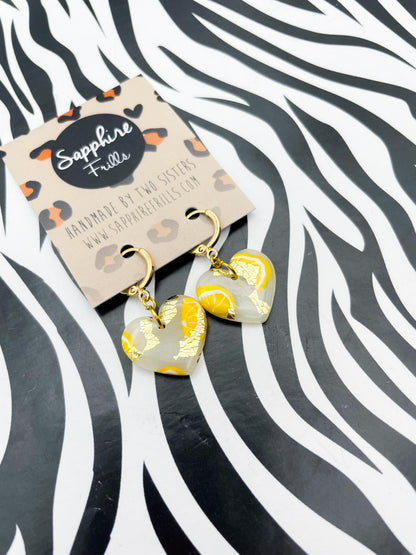 Medium Translucent Lemon Slice with Gold Foil Heart Earrings or Necklace – Hypoallergenic Stainless Steel