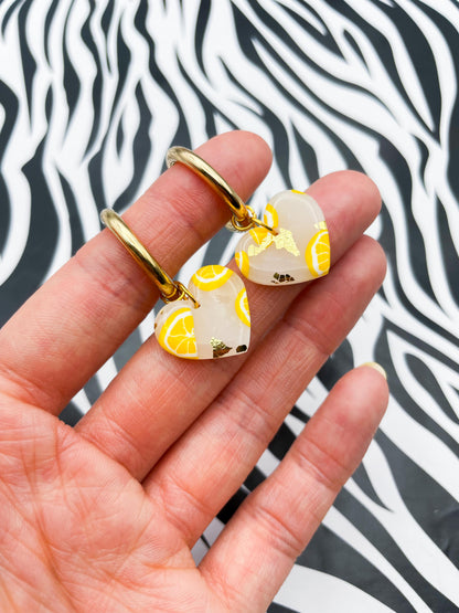Medium Translucent Lemon Slice with Gold Foil Heart Earrings or Necklace – Hypoallergenic Stainless Steel