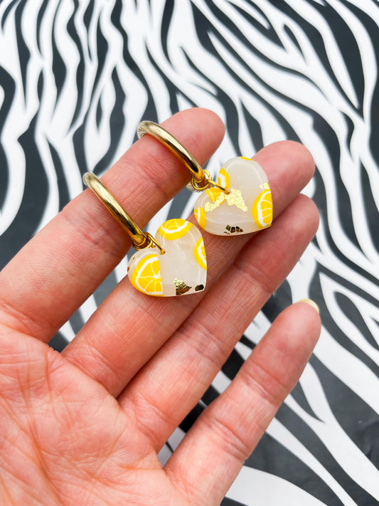 Medium Translucent Lemon Slice with Gold Foil Heart Earrings or Necklace – Hypoallergenic Stainless Steel
