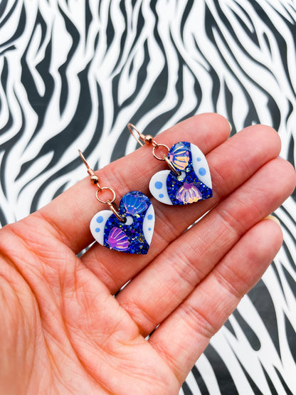 Medium Sapphire Blue Glitter Seashell Resin Heart Earrings or Necklace – Hypoallergenic Stainless Steel
