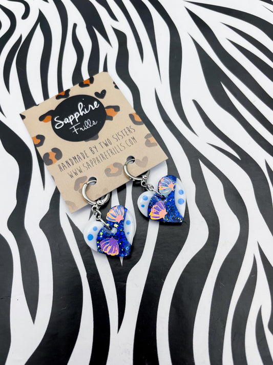 Medium Sapphire Blue Glitter Seashell Resin Heart Earrings or Necklace – Hypoallergenic Stainless Steel