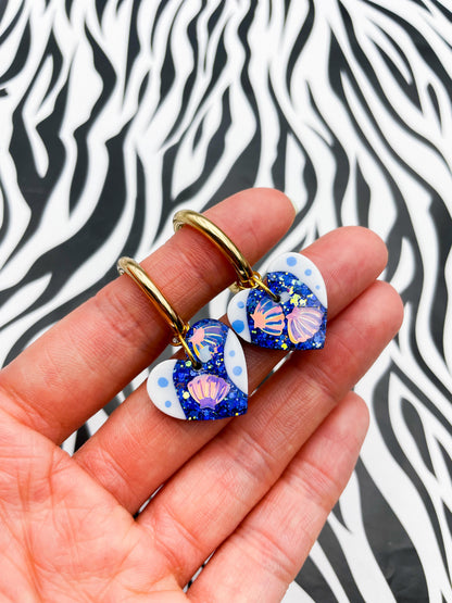 Medium Sapphire Blue Glitter Seashell Resin Heart Earrings or Necklace – Hypoallergenic Stainless Steel