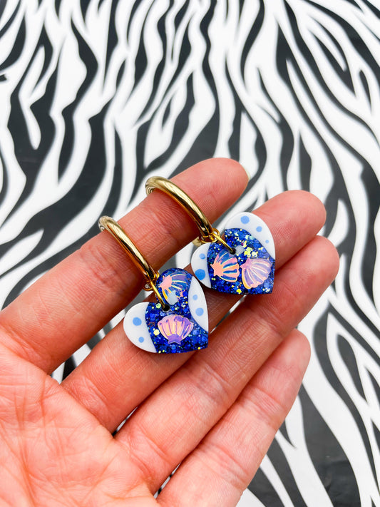 Medium Sapphire Blue Glitter Seashell Resin Heart Earrings or Necklace – Hypoallergenic Stainless Steel