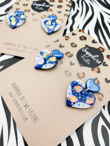 Sapphire Blue Glitter Seashell Resin Heart Statement Dangle Earrings – Hypoallergenic Stainless Steel