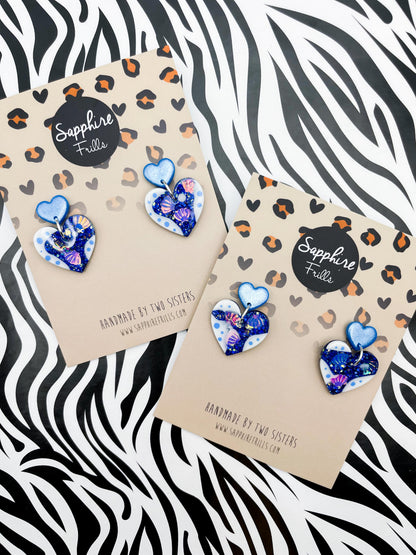 Sapphire Blue Glitter Seashell Resin Heart Statement Dangle Earrings – Hypoallergenic Stainless Steel