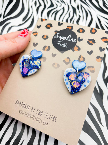 Sapphire Blue Glitter Seashell Resin Heart Statement Dangle Earrings – Hypoallergenic Stainless Steel