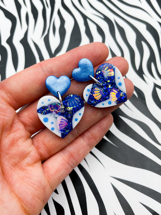 Sapphire Blue Glitter Seashell Resin Heart Statement Dangle Earrings – Hypoallergenic Stainless Steel