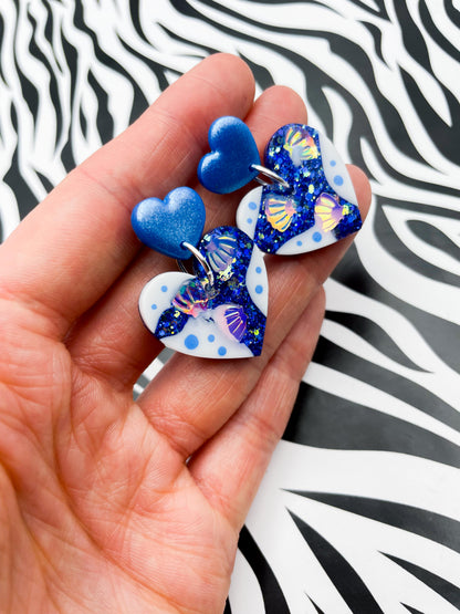 Sapphire Blue Glitter Seashell Resin Heart Statement Dangle Earrings – Hypoallergenic Stainless Steel