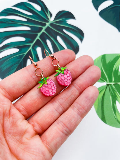 Small Hot Pink Marble Acrylic Raspberry Dangle Earrings or Necklace – Hypoallergenic Stainless Steel