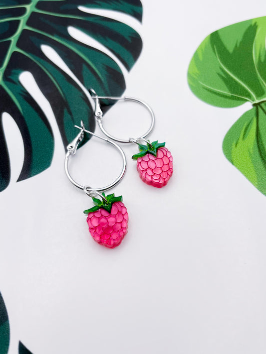 Small Hot Pink Marble Acrylic Raspberry Dangle Earrings or Necklace – Hypoallergenic Stainless Steel