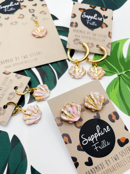 Mini or Small Champagne Gold, Baby Pink and White Marble Shell Earrings or Necklace – Hypoallergenic Stainless Steel