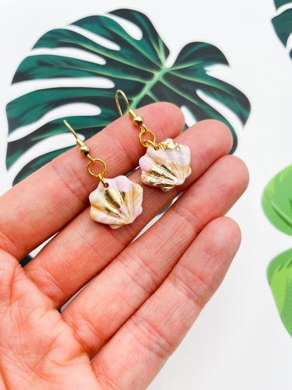 Mini or Small Champagne Gold, Baby Pink and White Marble Shell Earrings or Necklace – Hypoallergenic Stainless Steel