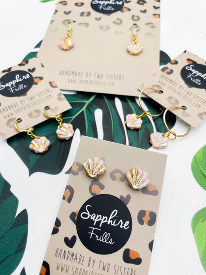 Mini or Small Champagne Gold, Baby Pink and White Marble Shell Earrings or Necklace – Hypoallergenic Stainless Steel