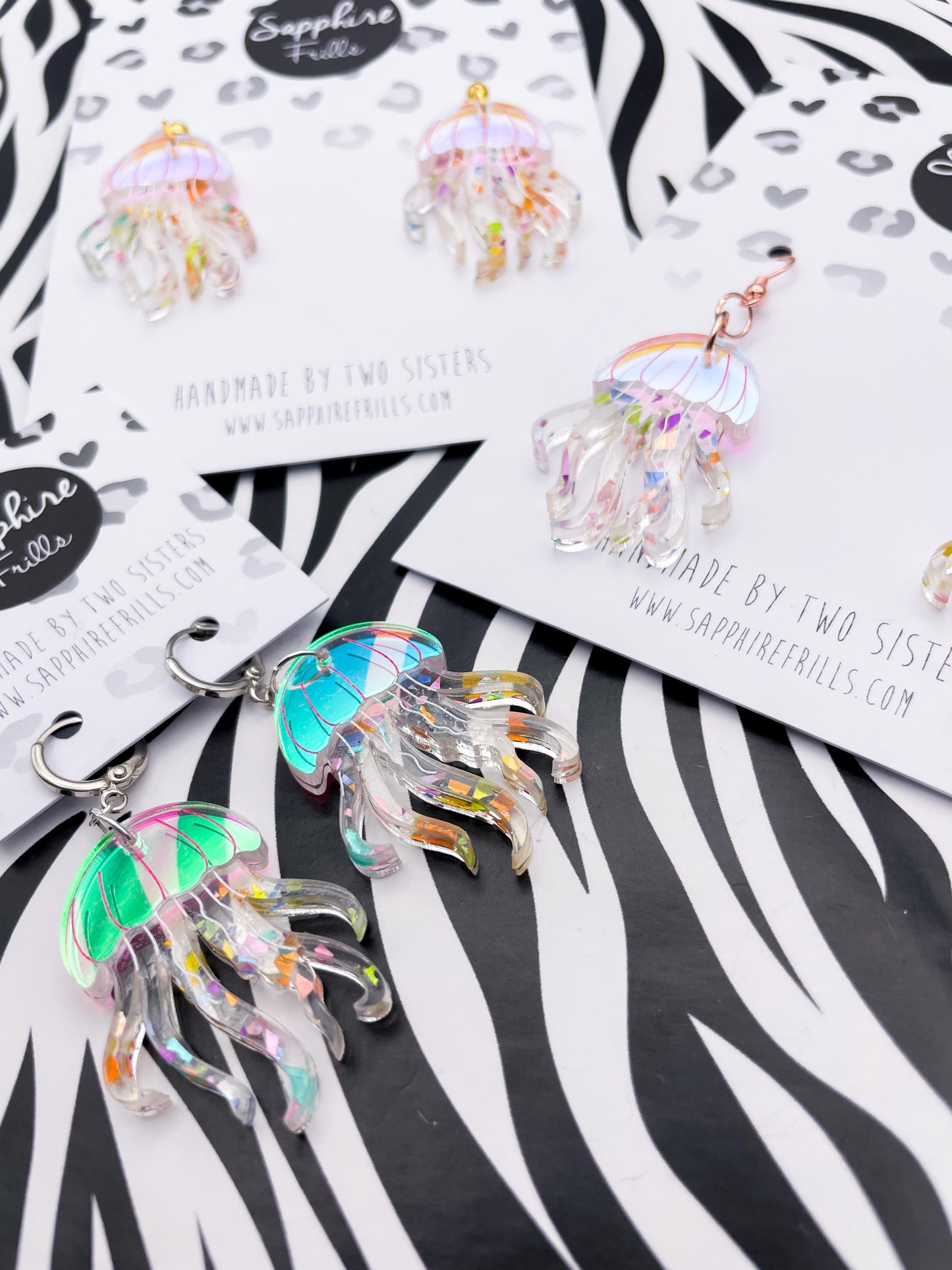 Iridescent Pink and Rainbow Confetti Jellyfish Acrylic Dangle Earrings or Necklace – Hypoallergenic Stainless Steel