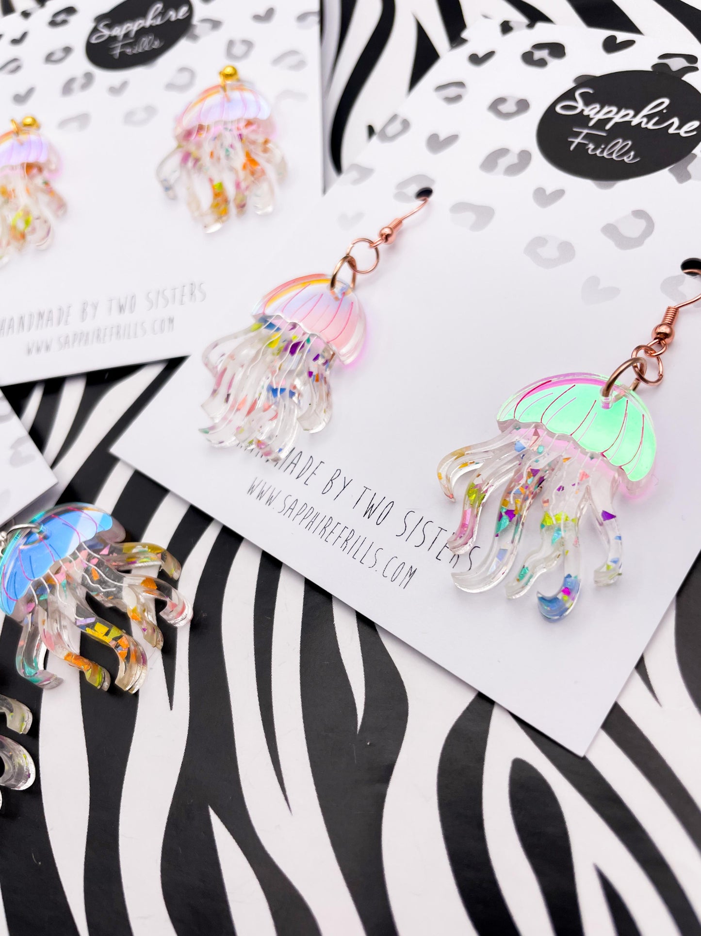 Iridescent Pink and Rainbow Confetti Jellyfish Acrylic Dangle Earrings or Necklace – Hypoallergenic Stainless Steel