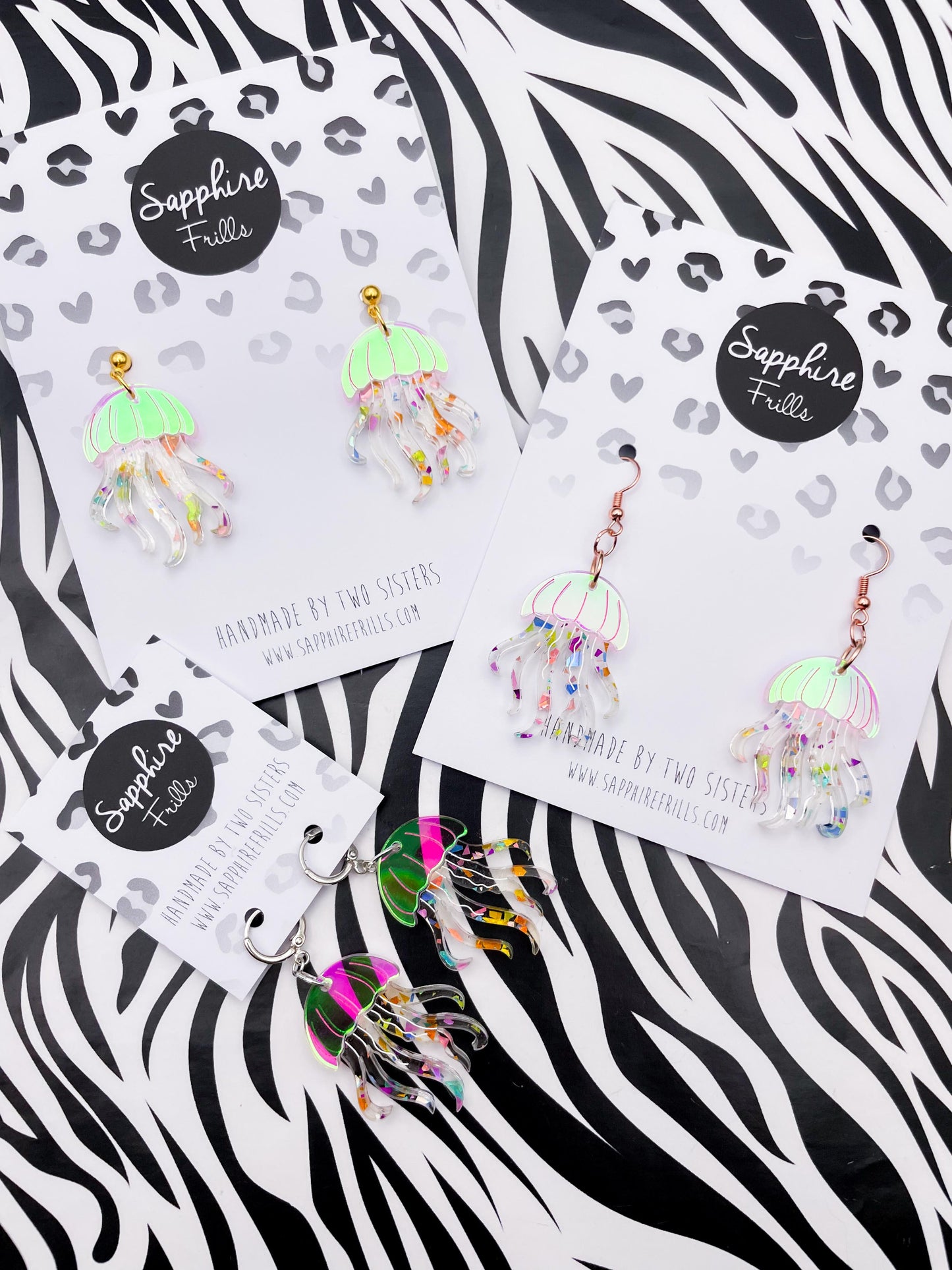 Iridescent Pink and Rainbow Confetti Jellyfish Acrylic Dangle Earrings or Necklace – Hypoallergenic Stainless Steel