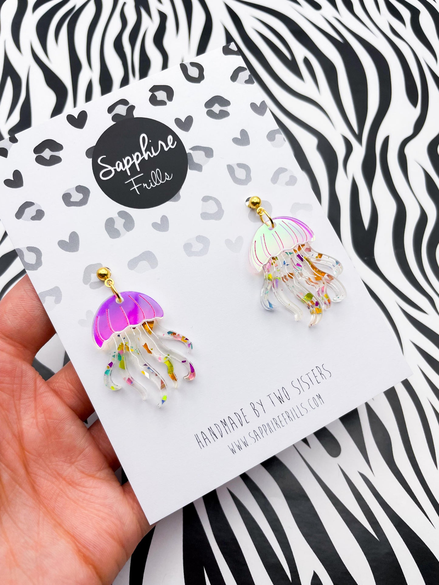 Iridescent Pink and Rainbow Confetti Jellyfish Acrylic Dangle Earrings or Necklace – Hypoallergenic Stainless Steel