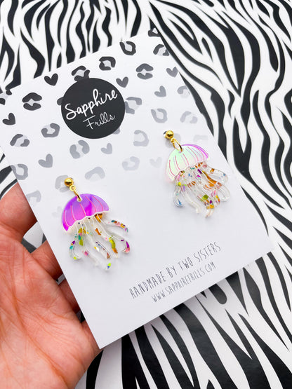 Iridescent Pink and Rainbow Confetti Jellyfish Acrylic Dangle Earrings or Necklace – Hypoallergenic Stainless Steel