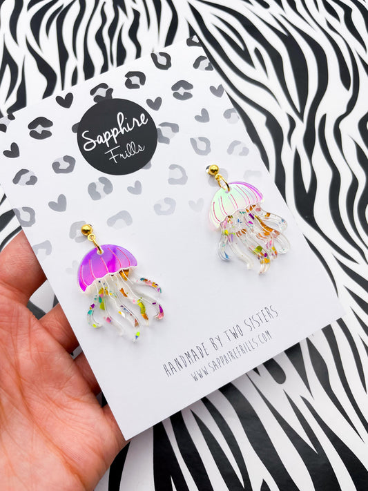 Iridescent Pink and Rainbow Confetti Jellyfish Acrylic Dangle Earrings or Necklace – Hypoallergenic Stainless Steel