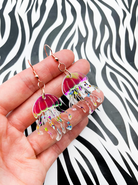 Iridescent Pink and Rainbow Confetti Jellyfish Acrylic Dangle Earrings or Necklace – Hypoallergenic Stainless Steel