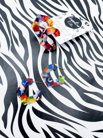 Large Rainbow Acrylic Geometric Hoops – Hypoallergenic Stainless Steel
