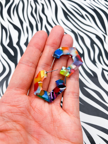 Large Rainbow Acrylic Geometric Hoops – Hypoallergenic Stainless Steel