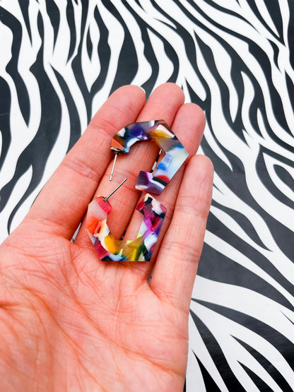 Large Rainbow Acrylic Geometric Hoops – Hypoallergenic Stainless Steel