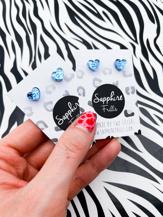 Mini Light Blue Leopard Print Acrylic Mirror Heart Stud Earrings – Hypoallergenic Stainless Steel