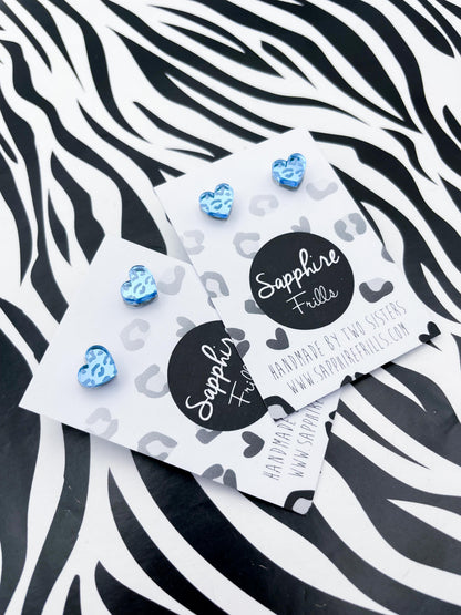 Mini Light Blue Leopard Print Acrylic Mirror Heart Stud Earrings – Hypoallergenic Stainless Steel