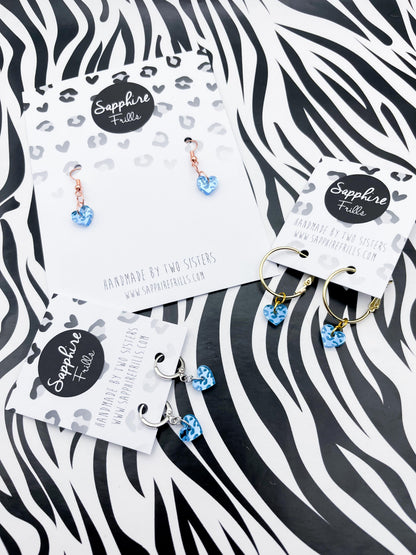 Mini Light Blue Leopard Print Acrylic Mirror Heart Dangle Earrings or Necklace – Hypoallergenic Stainless Steel