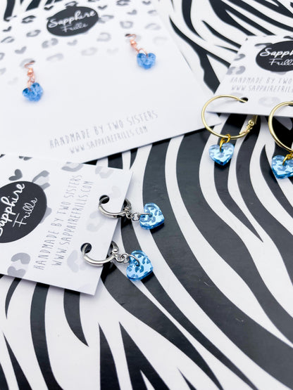 Mini Light Blue Leopard Print Acrylic Mirror Heart Dangle Earrings or Necklace – Hypoallergenic Stainless Steel