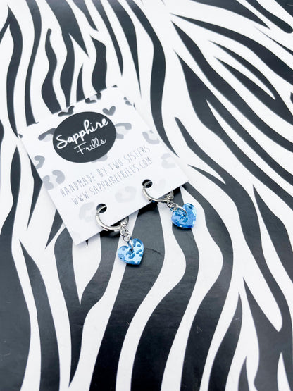 Mini Light Blue Leopard Print Acrylic Mirror Heart Dangle Earrings or Necklace – Hypoallergenic Stainless Steel