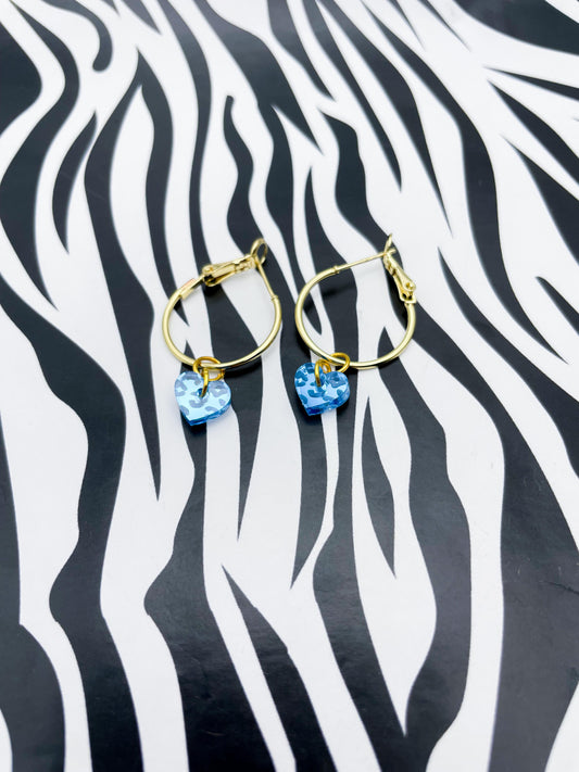 Mini Light Blue Leopard Print Acrylic Mirror Heart Dangle Earrings or Necklace – Hypoallergenic Stainless Steel