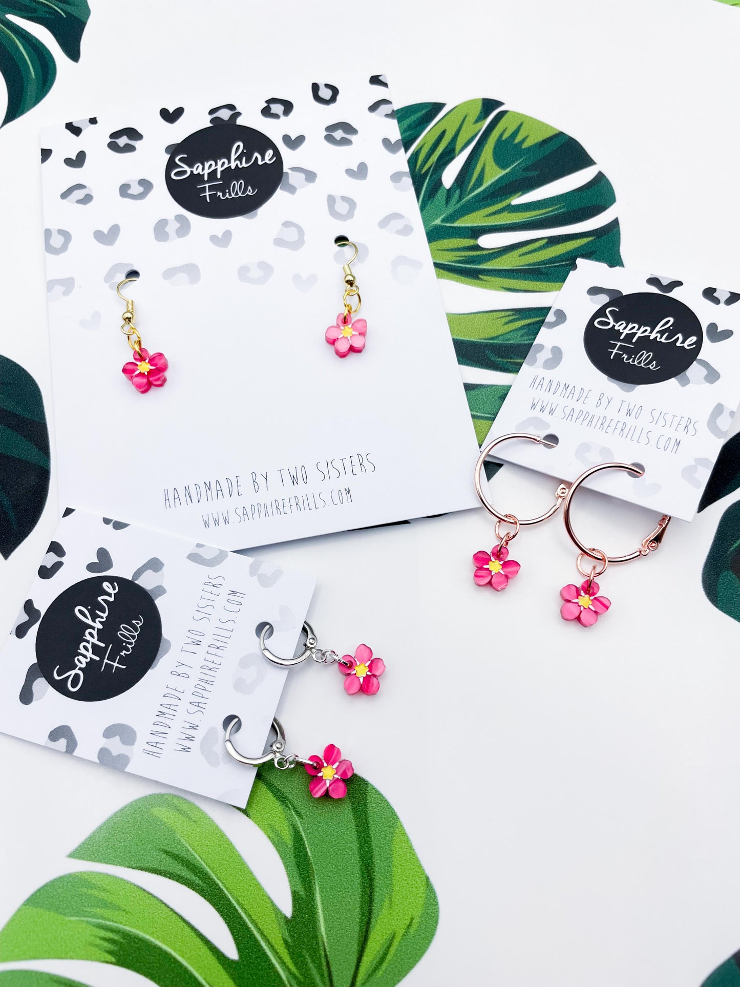 Mini Pink Marble Acrylic Forget Me Not Flower Dangle Earrings or Necklace – Hypoallergenic Stainless Steel
